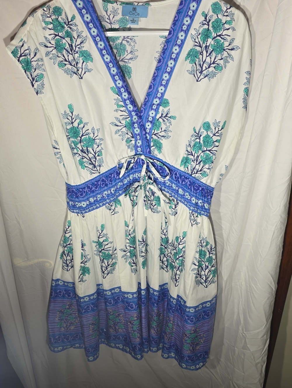 CeCe White Floral Mini Dress with Blue Trim